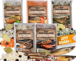 Angel Berger Räucherlauge 5 verschiedene Sorten Sparpack Räucherlake Fisch Räuchern Räuchergewürz Smoker Fischgewürz Räuchermehl & Gewürze