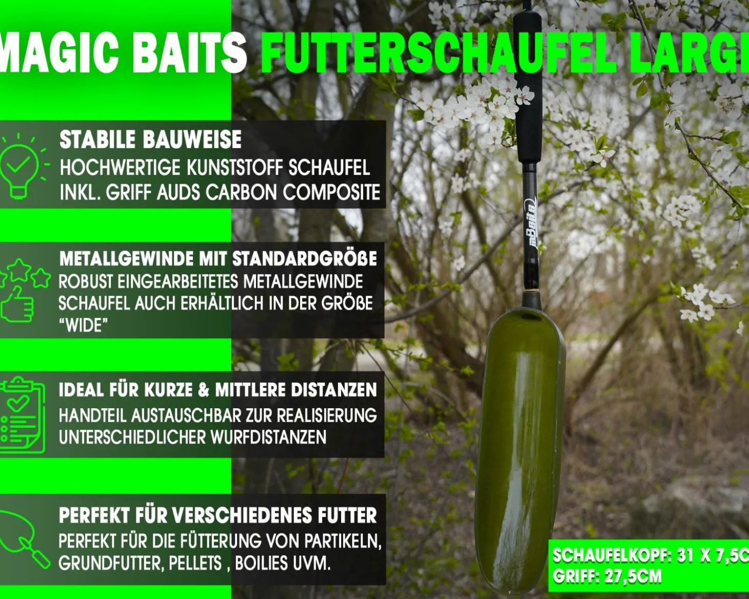 Magic Baits Futterschaufel Large mit Griff Futterkelle Big Bait Spoon and Handle Futterschaufel für Boilies Pellets Partikel zum Karpfenangeln Zielfische