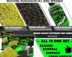 Magic Baits Futterset mit Eimer Groundbait Liquid Pellets Angelfutter Futtermittel