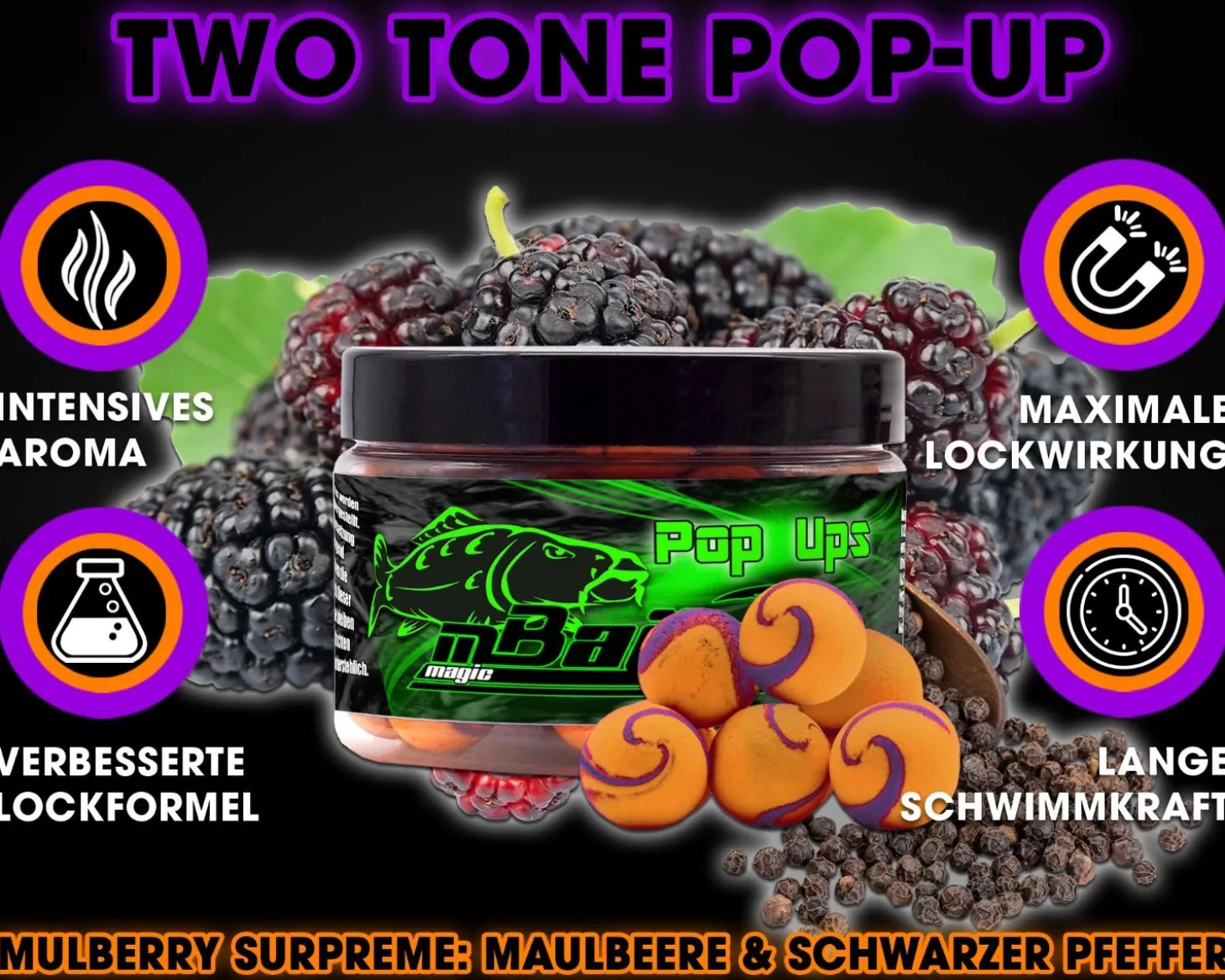 Magic Baits Mulberry Supreme Two Tone Pop Ups 16mm Boilies Premium Range Futtermittel