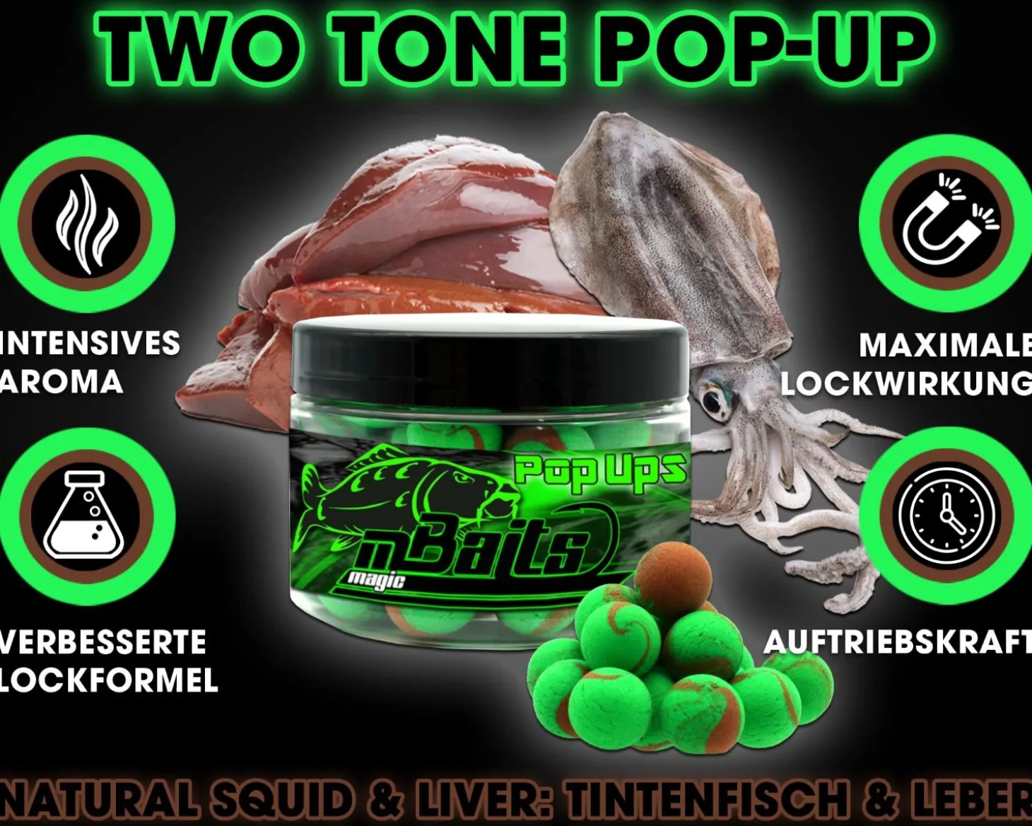 Magic Baits Natural Squid & Liver Two Tone Pop Ups 16mm Boilies Premium Range Futtermittel