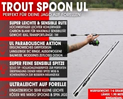 Wild Devil Baits Devil Stick Trout Spoon UL 1,90m 1-6G Ultra Light Spinnrute Solid Tip UL Angelrute Vollcarbon Spitze Barschrute Forellenrute  Angelruten