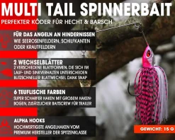 Wild Devil Baits Multi Tail Spinnerbait Spinner Bait Kunstköder Spin Jig Angelköder Barsch Hecht Zander-Hot Pink Angelköder