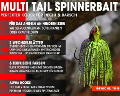 Wild Devil Baits Multi Tail Spinnerbait Spinner Bait Kunstköder Spin Jig Angelköder Barsch Hecht Zander-UV Green Pumpkin Chartreuse Angelköder