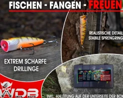 Wild Devil Baits Ready2Fish Wobbler Set Popper in Box Topwater Hardbaits für Hecht Zander Barsch Oberflächenköder mit Kunstköderbox Kunstköder Set Angelköder Angelköder