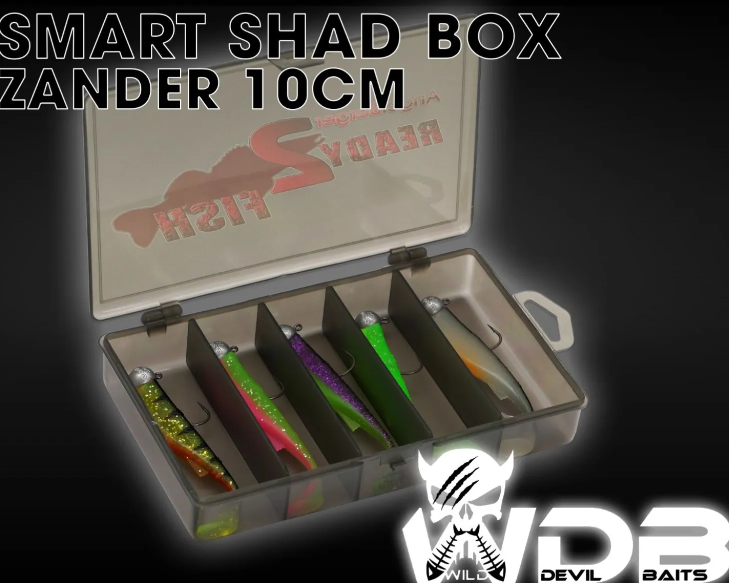 Wild Devil Baits Ready2Fish Smart Shad Zander mit Box Gummifisch Set mit Jighaken Kunstköder Gummiköder Angelköder