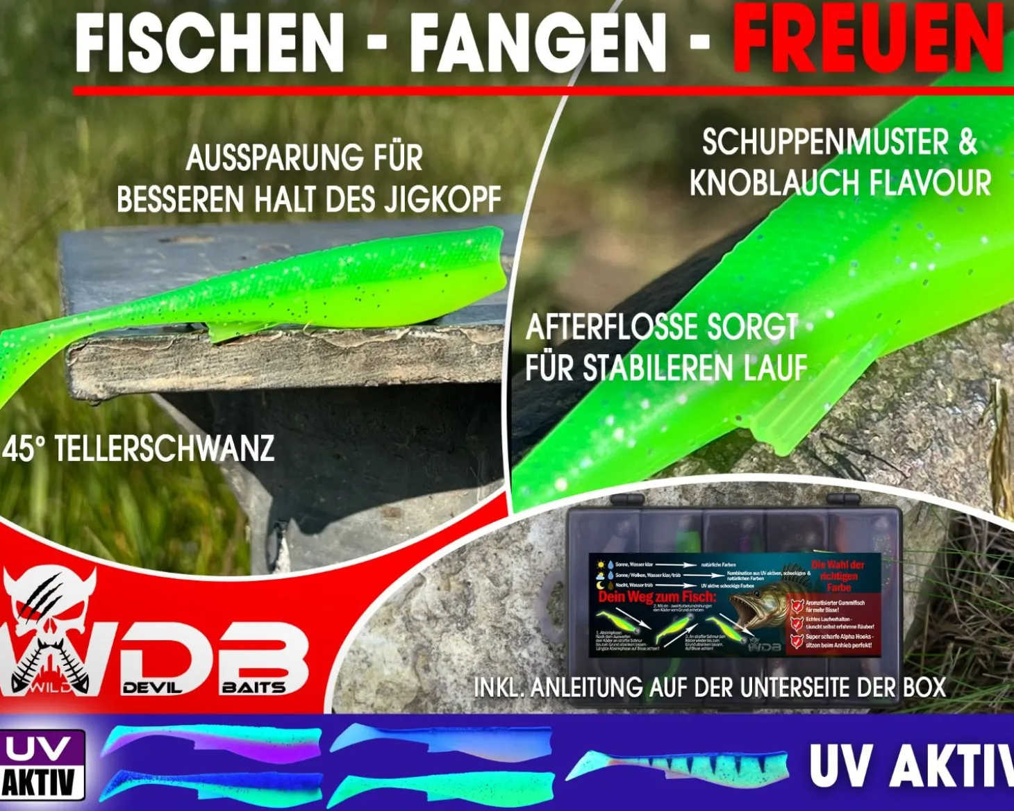 Wild Devil Baits Ready2Fish Smart Shad Zander mit Box Gummifisch Set mit Jighaken Kunstköder Gummiköder Angelköder