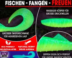 Wild Devil Baits Tornado Curly Tail Green Flash Twister Gummifisch Shad Kunstköder Softlure Gummiköder Hecht Barsch Zander Angelköder