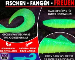 Wild Devil Baits Tornado Curly Tail Green Flash Twister Gummifisch Shad Kunstköder Softlure Gummiköder Hecht Barsch Zander Angelköder