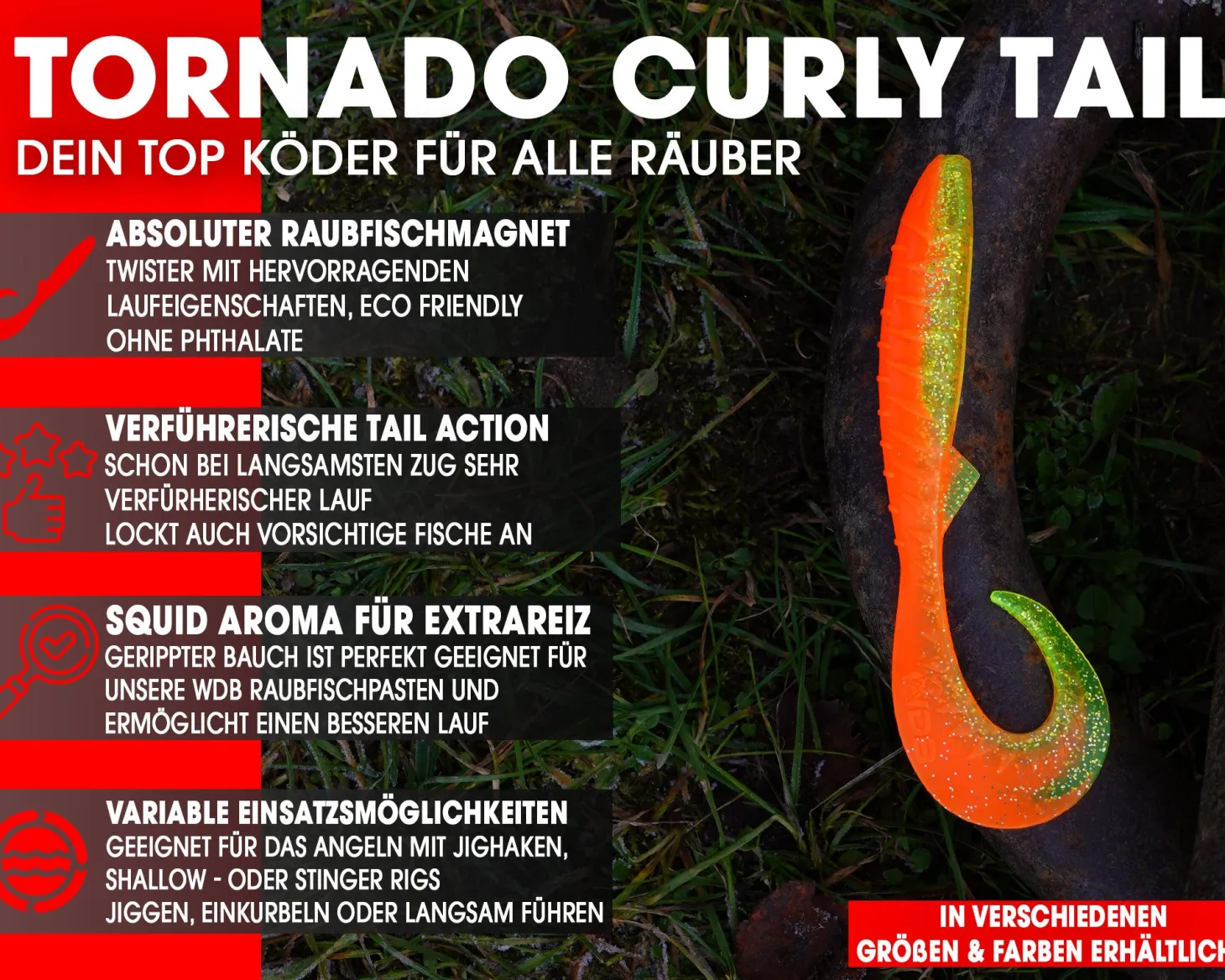 Wild Devil Baits Tornado Curly Tail Red Devil Twister Gummifisch Shad Kunstköder Softlure Gummiköder Hecht Barsch Zander Angelköder
