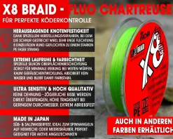 Wild Devil Baits X8 Braid Fluo Chartreuse Japan PE 8-fach rund geflochtene Angelschnur Braided Fishing Line Angelschnur